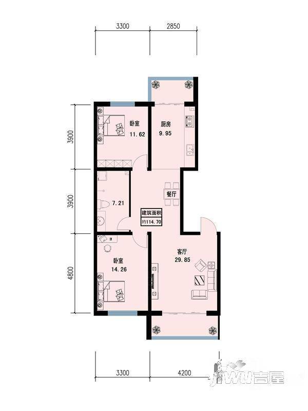 新泰锦绣城2室2厅1卫114.7㎡户型图