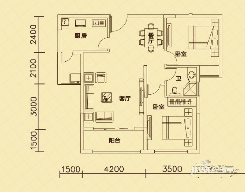 世纪荣华2室2厅1卫98㎡户型图