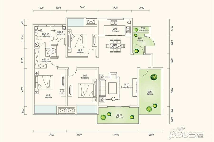 山河万里4室2厅4卫159㎡户型图