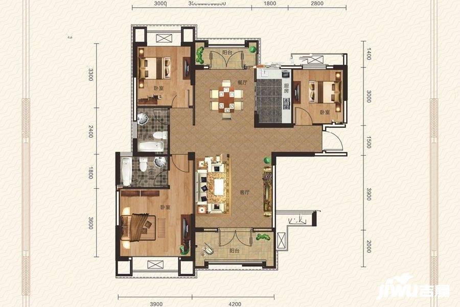 百洋明日城市3室2厅2卫129.1㎡户型图