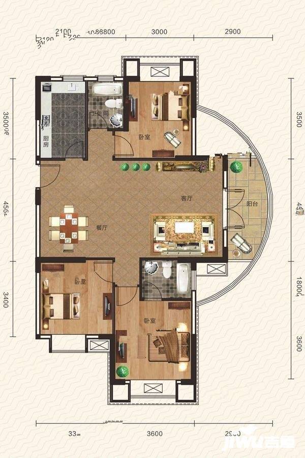 百洋明日城市3室2厅2卫132.1㎡户型图