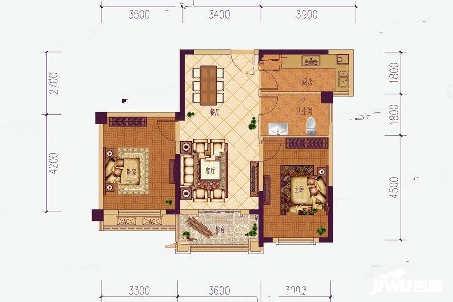 东唐滨江2室2厅1卫84.7㎡户型图