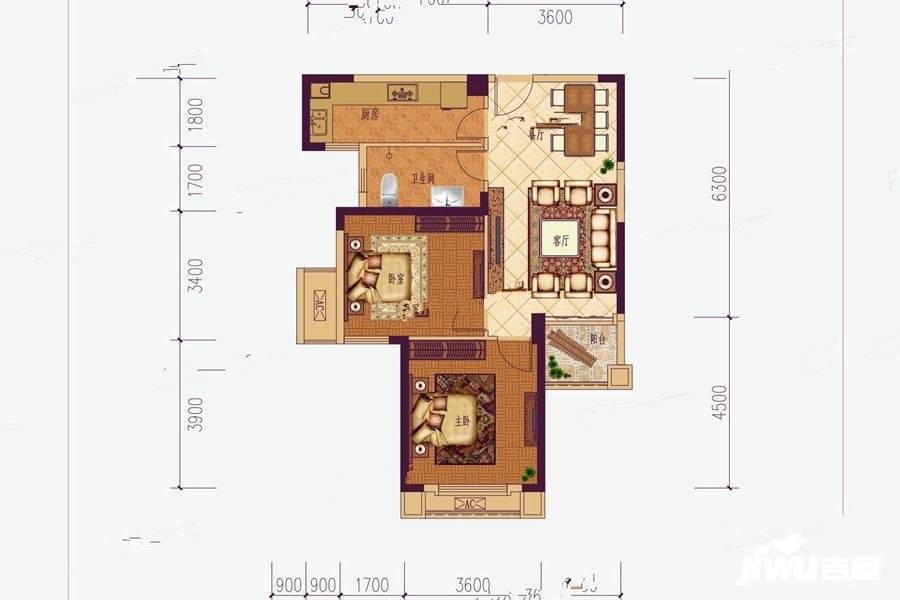 东唐滨江2室2厅1卫85.7㎡户型图