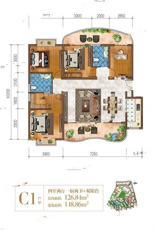 曼城4室2厅2卫148.9㎡户型图