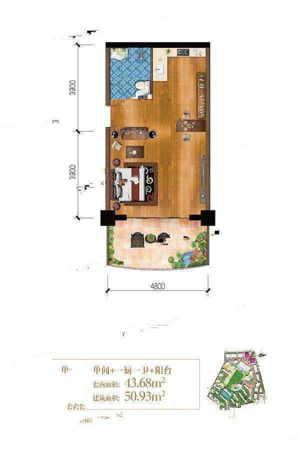 曼城1室0厅1卫50.9㎡户型图