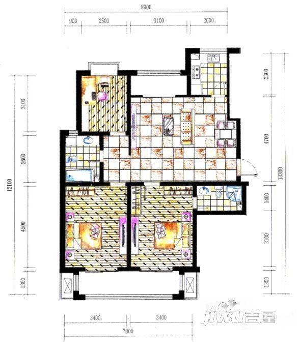 滨河城市经典3室1厅2卫户型图