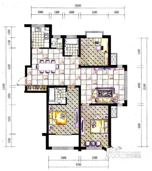 滨河城市经典3室2厅3卫142.6㎡户型图