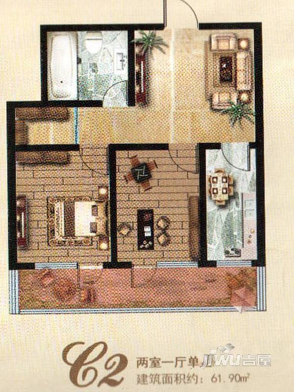 御泉巴塞罗那城2室1厅1卫61.9㎡户型图