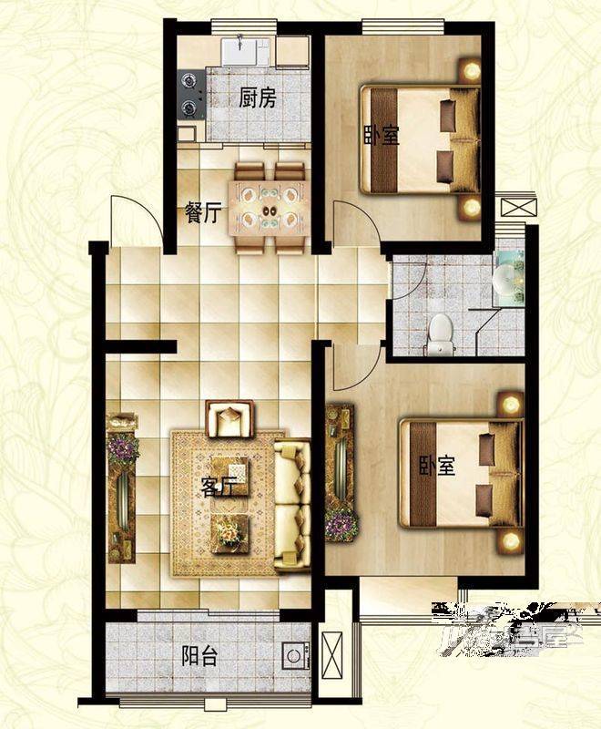 石棚名居2室2厅1卫90㎡户型图