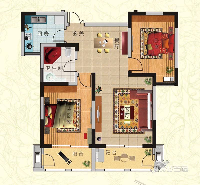 石棚名居2室2厅1卫90㎡户型图