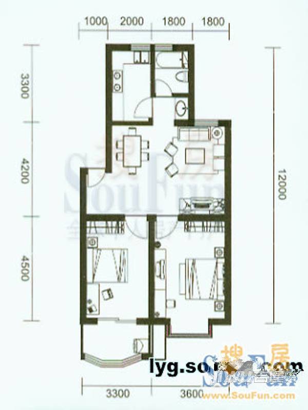 万山城市花园2室2厅1卫87㎡户型图