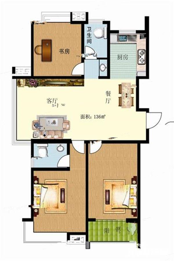 恒安华府3室2厅2卫136㎡户型图