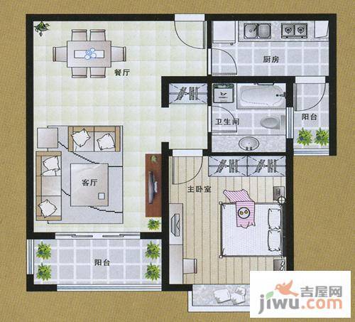 空港一号花园1室2厅1卫74㎡户型图