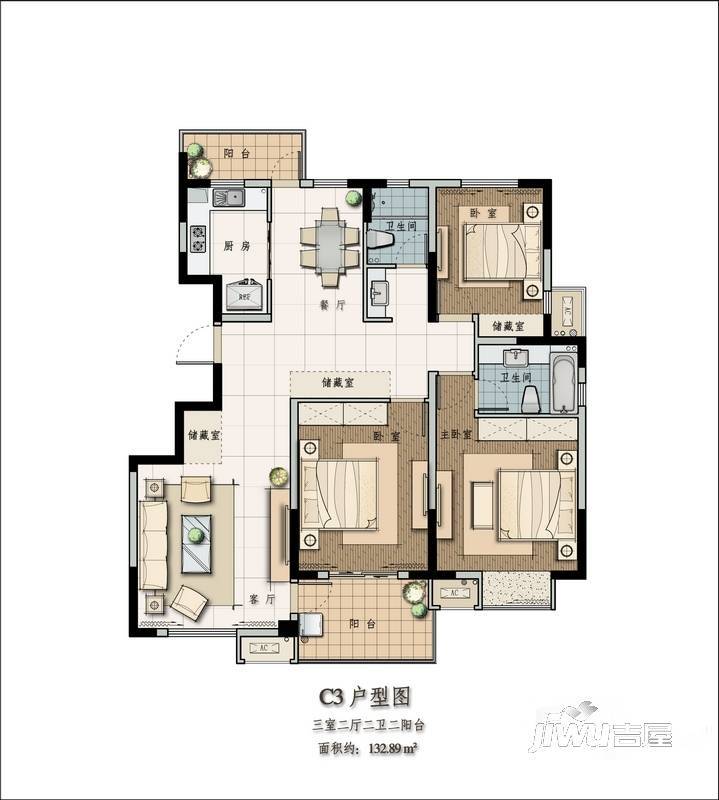 苹果园幸福城3室2厅2卫132.9㎡户型图