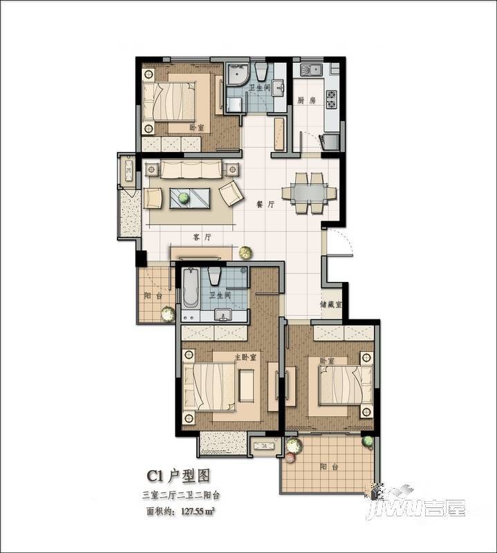 苹果园幸福城3室2厅2卫127.5㎡户型图