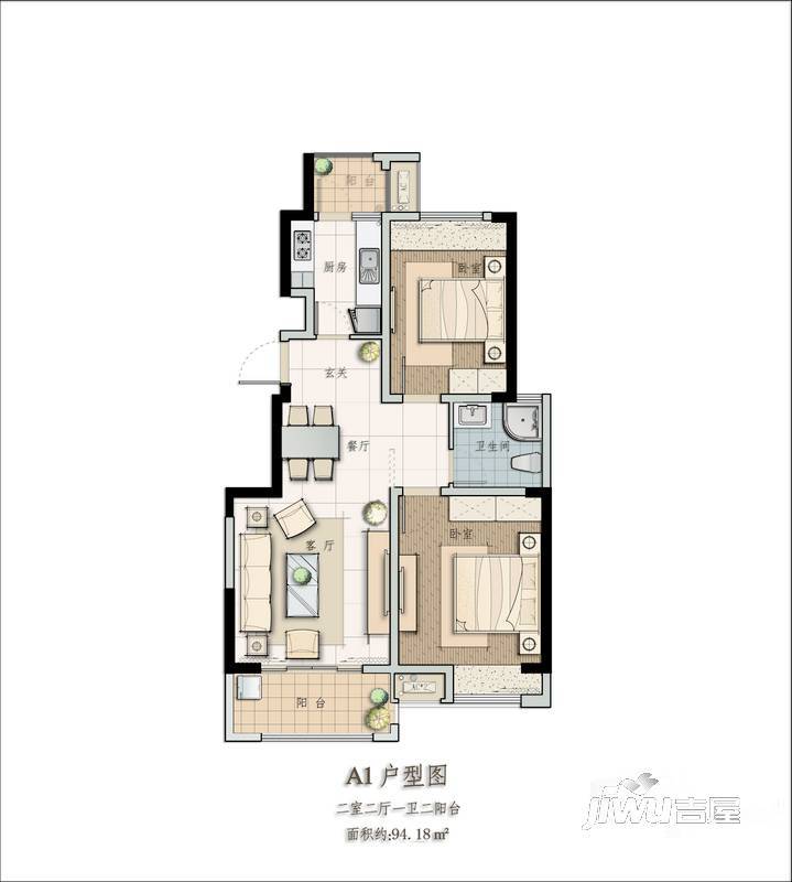 苹果园幸福城2室2厅1卫94.2㎡户型图