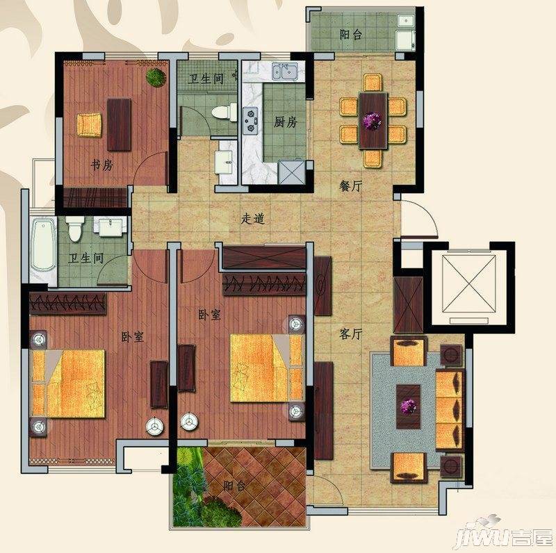 苹果园幸福城3室2厅2卫139.7㎡户型图