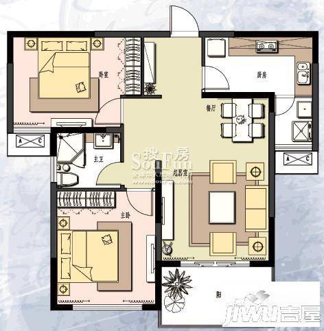 苹果园幸福城2室2厅1卫89㎡户型图