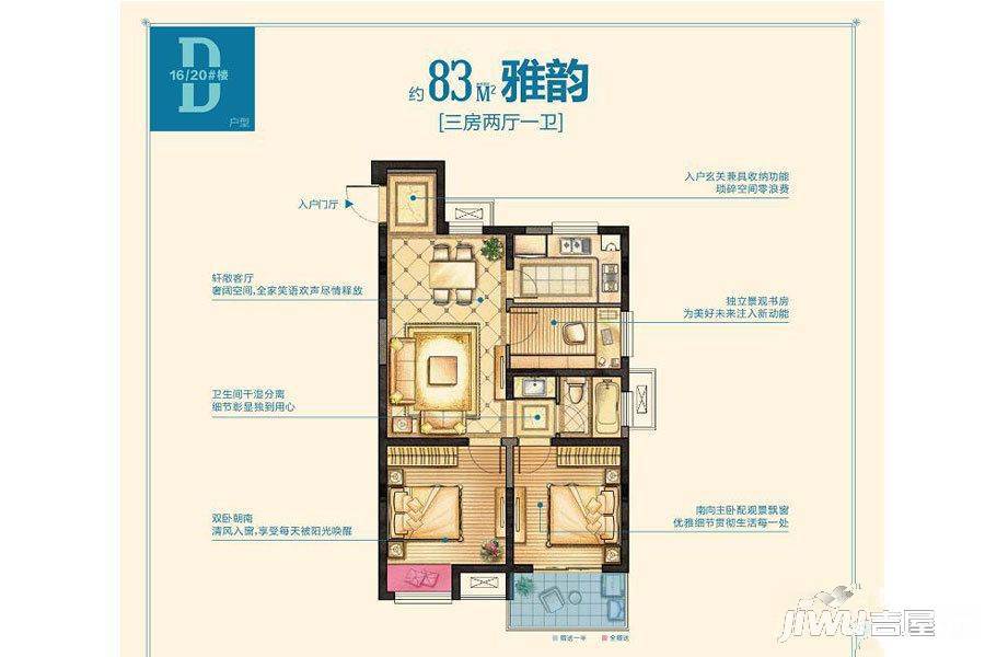 红豆香江豪庭3室2厅1卫83㎡户型图