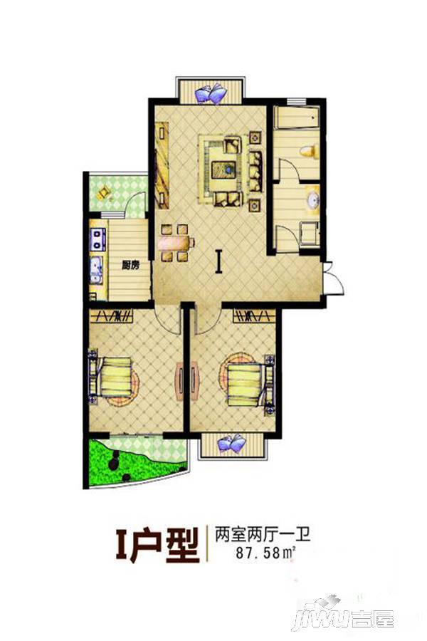 恒基·名都2室2厅1卫87.6㎡户型图