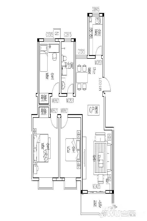 蔡都社区3室2厅1卫115㎡户型图