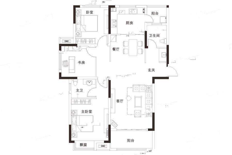 同信滨江贰号3室2厅2卫128.6㎡户型图