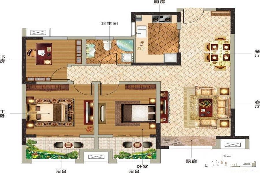 国控拾光里3室2厅1卫125㎡户型图