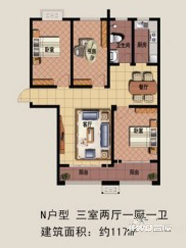 盛华天竹佳苑3室2厅1卫117㎡户型图