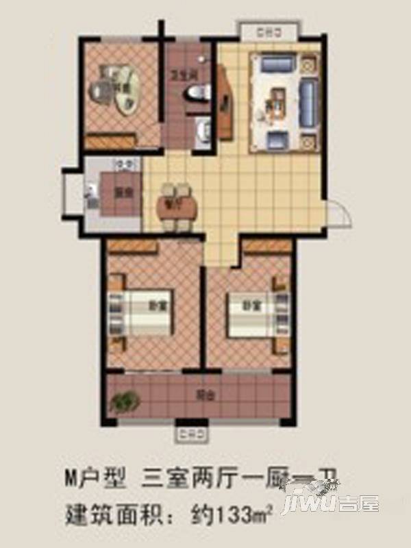 盛华天竹佳苑3室2厅1卫133㎡户型图