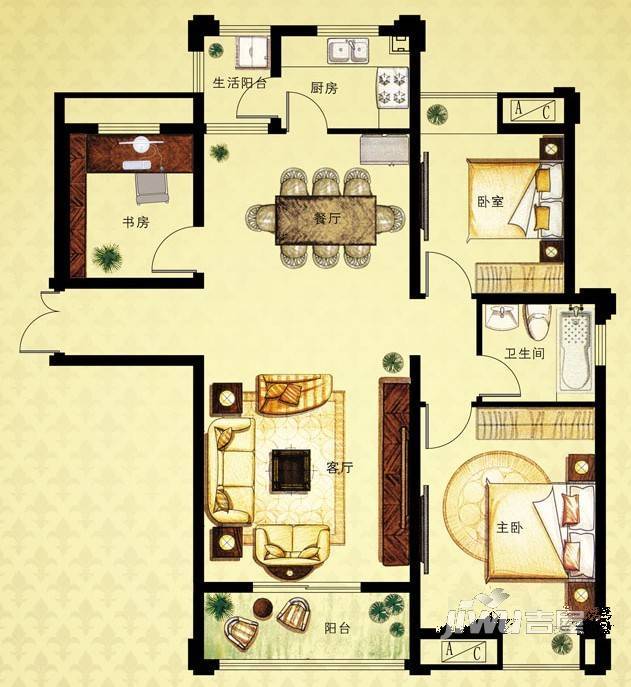 天平湖壹号3室2厅1卫115㎡户型图