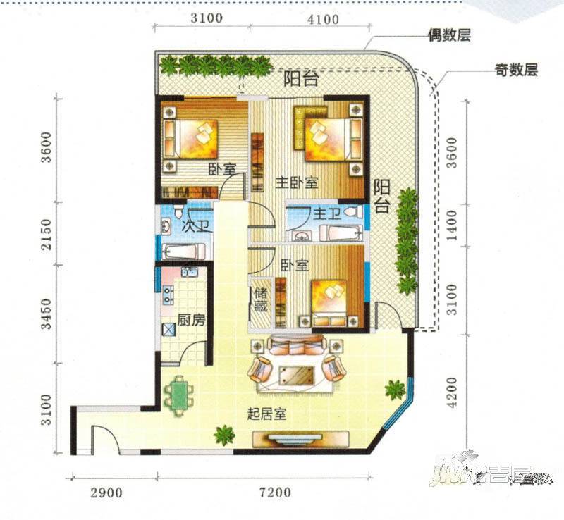 湖畔新城3室2厅2卫127㎡户型图