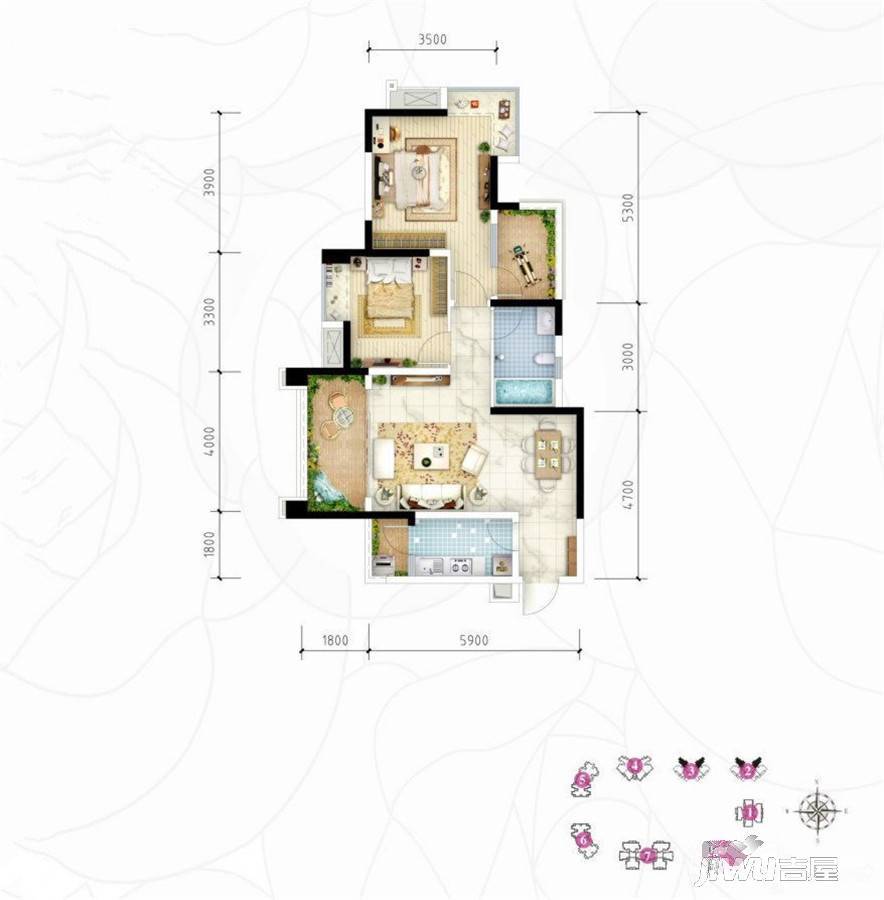 玫瑰公馆2室2厅1卫67.6㎡户型图