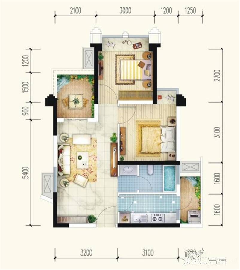 玫瑰公馆2室2厅1卫85.3㎡户型图