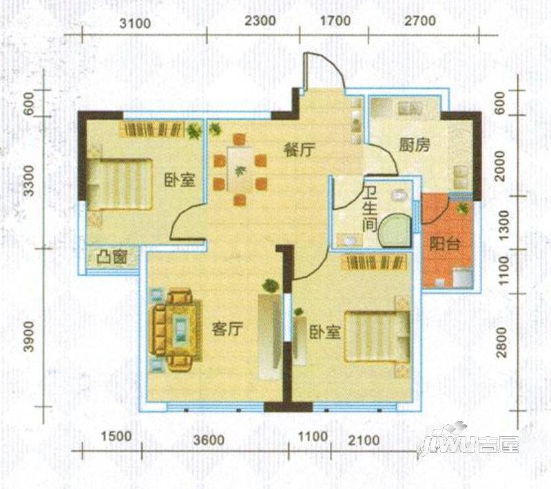 知汇华庭2室2厅1卫75.2㎡户型图