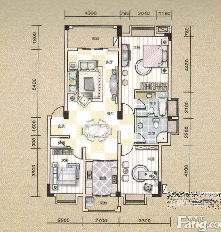 艺墅南岸二期香槟公寓3室2厅2卫118.9㎡户型图