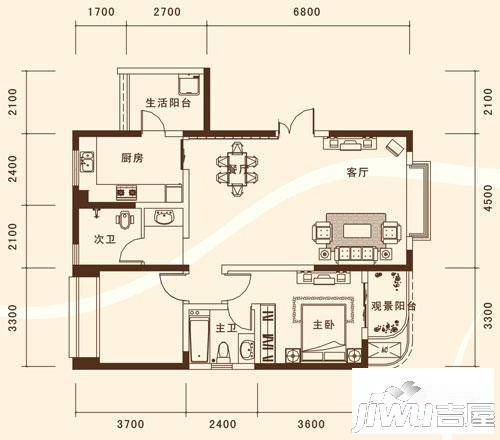 明康华庭阳光1室2厅1卫99.2㎡户型图