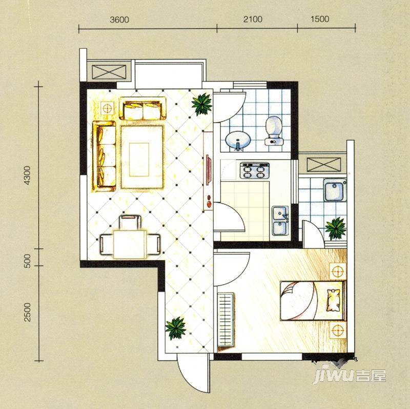 东湖首座1室2厅1卫51.2㎡户型图