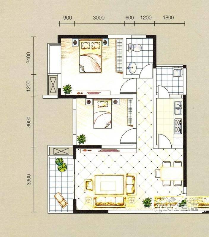 东湖首座2室2厅1卫85.7㎡户型图