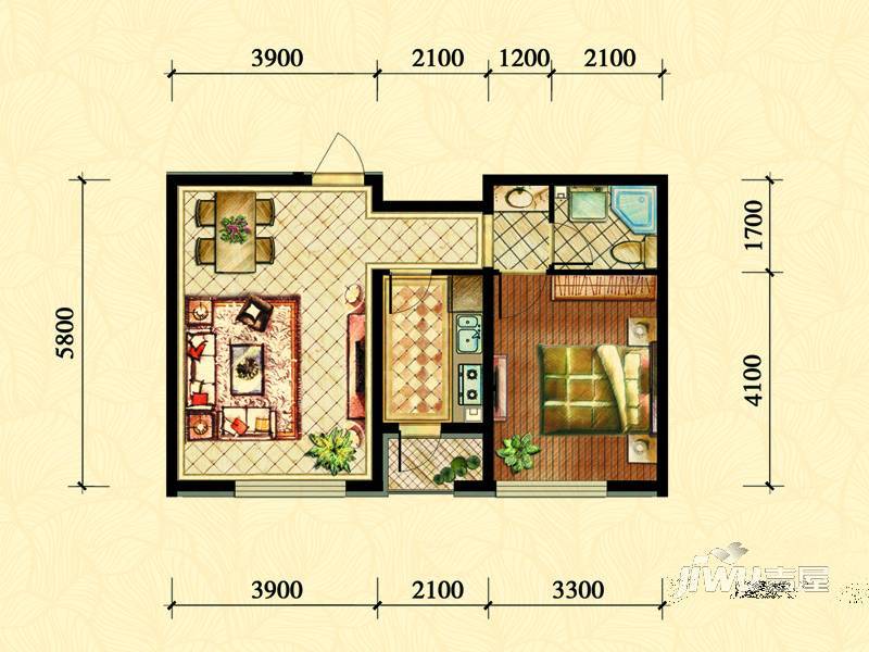 丰远泗水玫瑰城1室2厅1卫60.6㎡户型图