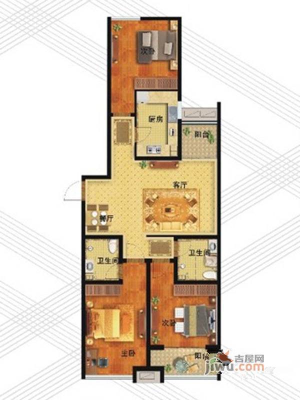 银座广场3室2厅2卫129.6㎡户型图