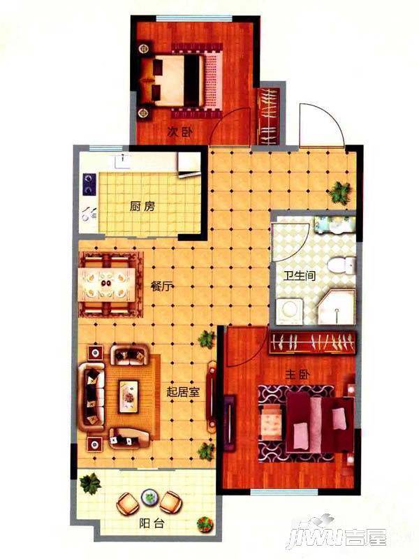 万海惜福时光2室2厅1卫85㎡户型图