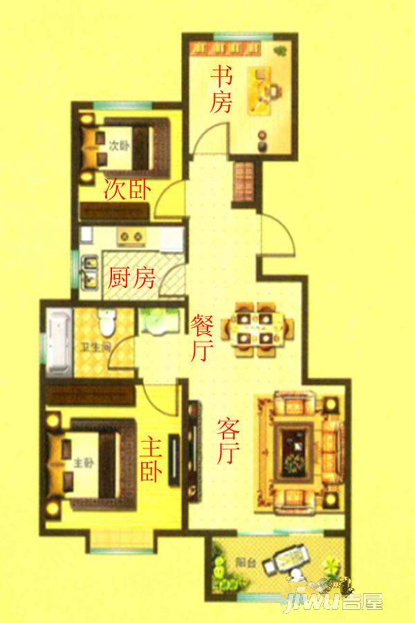 清华园3室2厅1卫92㎡户型图