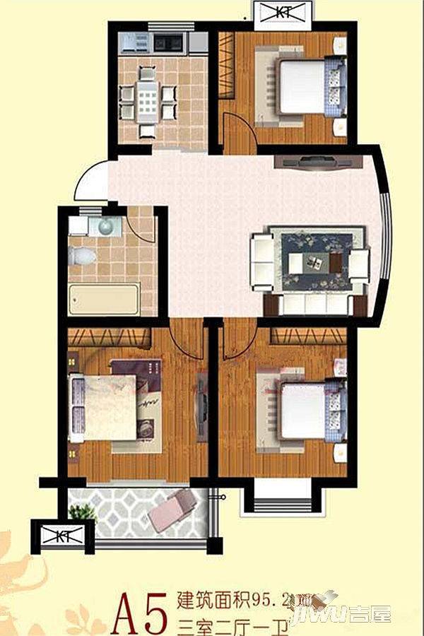 伯金汉花园3室2厅1卫95.3㎡户型图