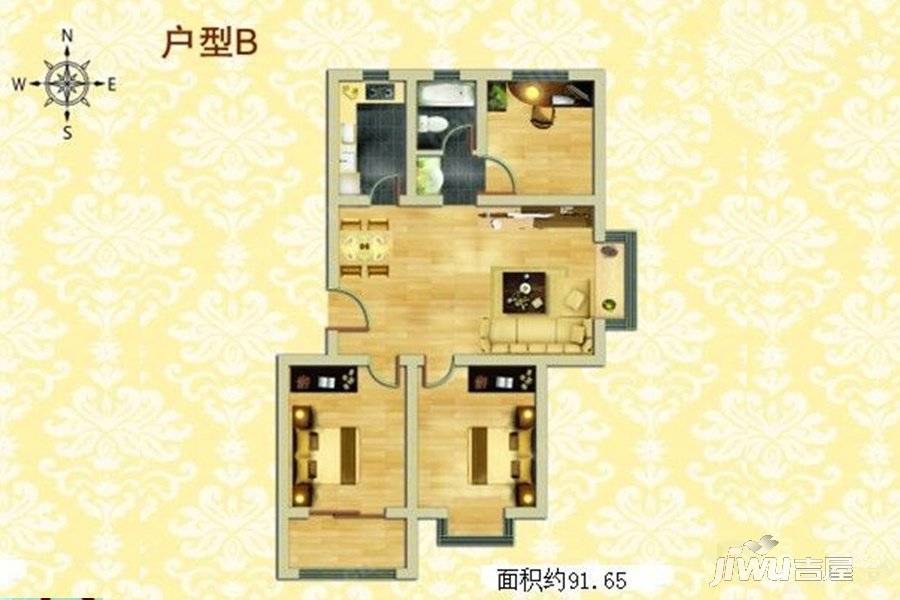 望海源凤凰城2室1厅1卫91.7㎡户型图