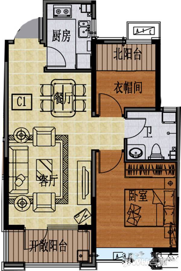 国信紫玉台2室2厅1卫75.2㎡户型图