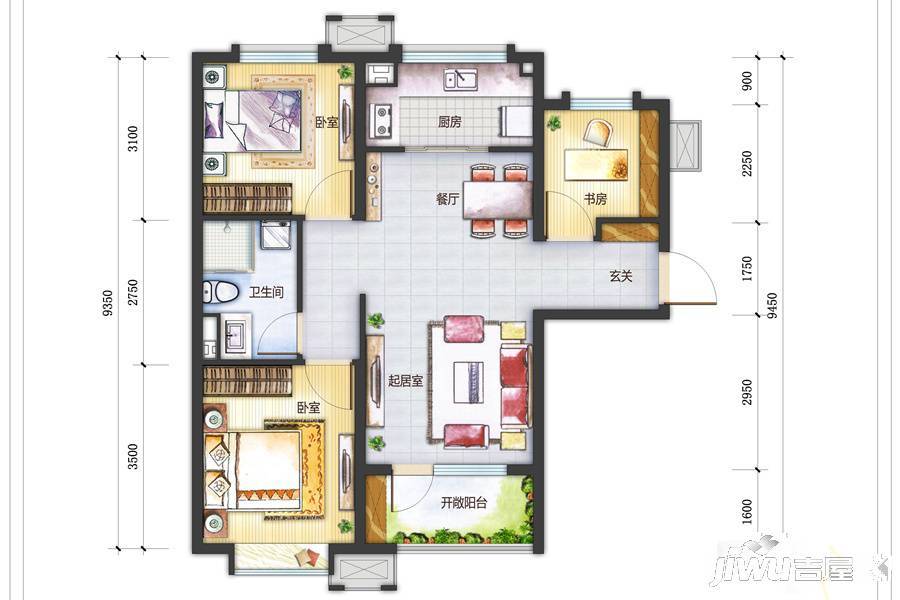 万科生态城三期3室2厅1卫88㎡户型图