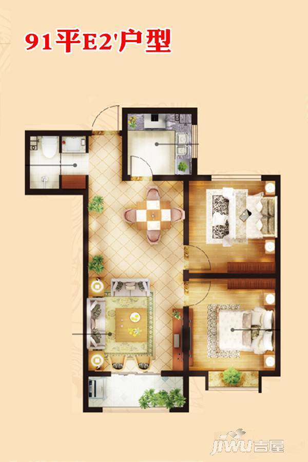 金域府邸2室2厅1卫91㎡户型图