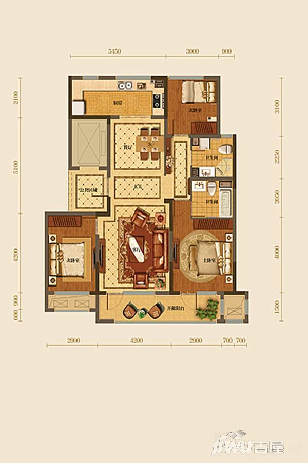 绿城岘山花城3室2厅2卫132㎡户型图