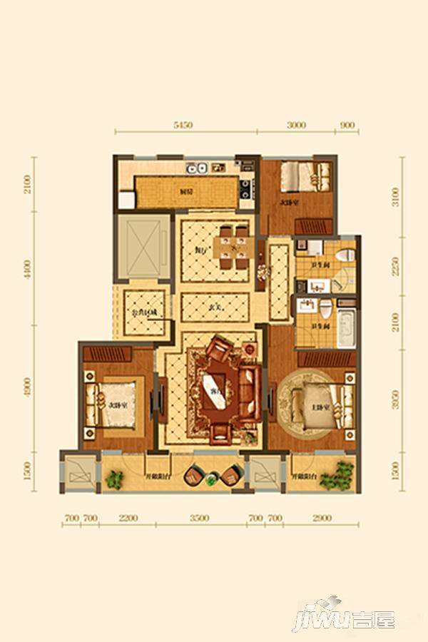 绿城岘山花城3室2厅2卫132㎡户型图