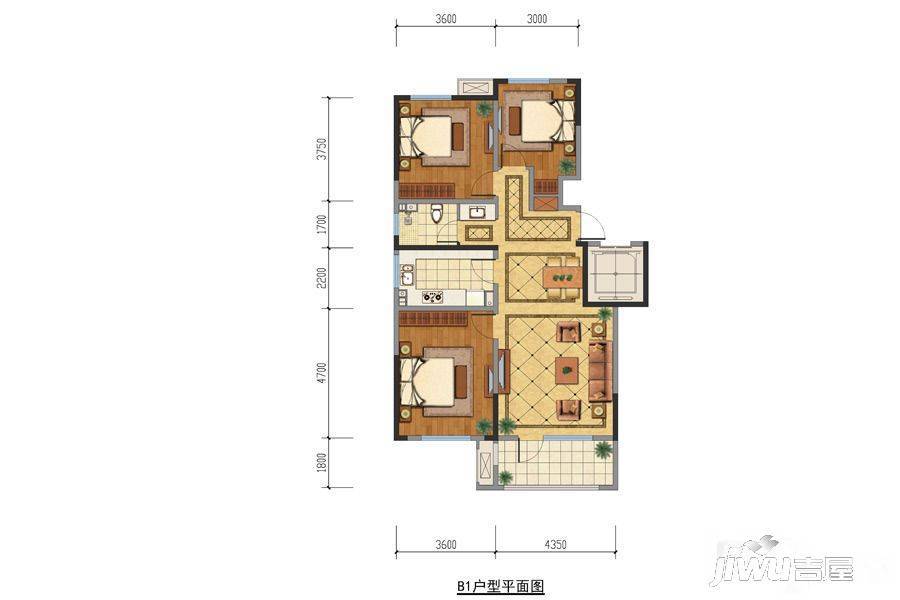 天泰阳光水岸3室2厅1卫115㎡户型图